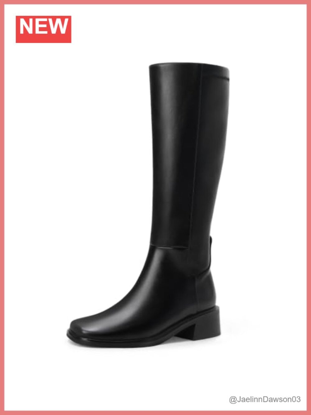 Women's Black Knee High Square Toe Low Block Heel Boots with Side Zip
